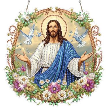Imagem de NAIMOER Kits de pintura de diamante para adultos, kits de pendurar arte de diamante Jesus 5D, enfeite de pingente, arte de cristal de formato especial, kit de artesanato placa acrílica para decoração
