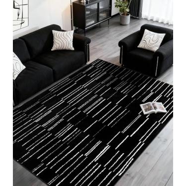 Imagem de YIHOUSE Tapete de área de linha abstrata 12 x 18 cm, tapetes modernos laváveis resistentes a manchas, antiderrapante, tapete macio para sala de estar, quarto, sala de jantar, preto e branco