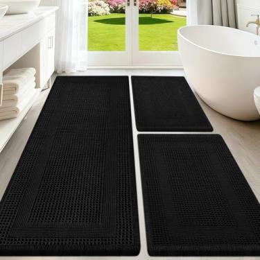 Imagem de Conjunto de tapetes de banheiro de waffle atualizados, 3 peças, com laço preto, super absorvente, antiderrapante, secagem rápida, tapetes de banheiro com borlas, laváveis à máquina, ultramacios