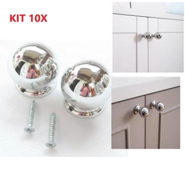 Imagem de Kit 10 Puxador Moveis Redondo Prata Luxo Gaveta Armario Ponto Bola Furo Unico Parafuso