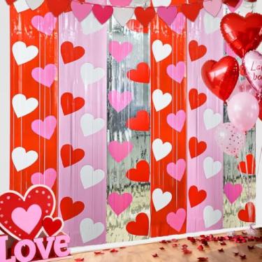 Imagem de Pacote com 4 cortinas de franja de alumínio para festa dos namorados, 3,3 x 6,6 m, coração, tinsel, pano de fundo, vermelho, rosa, prata, coração metálico, suporte para cabine de fotos para dia dos