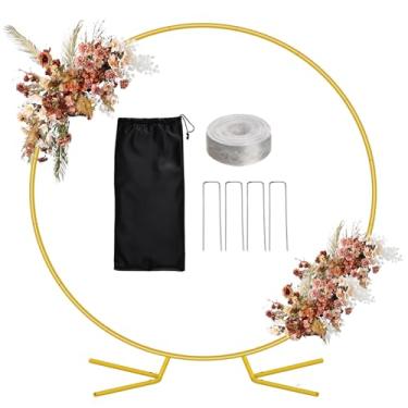 Imagem de WellSign Kit de suporte de arco de balão de 1,8 m, suporte de pano de fundo redondo de metal para festas, moldura de arco de casamento em círculo dourado com base para cerimônia, festa de aniversário