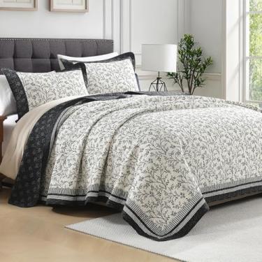 Imagem de PERHOM Conjunto de colcha queen 100% algodão, leve e macio, estampa botânica de fazenda, conjunto de cama de edredom fino para cama queen, 3 peças, todas as estações, preto/cinza/bege