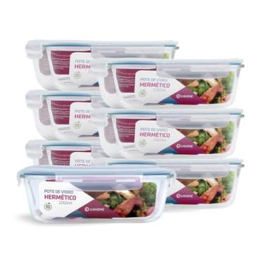 Imagem de Kit 7 Potes de Vidro Retangular com Tampa Hermética 2260ml (Azul)