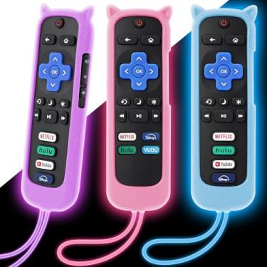 Imagem de Pacote com 3 capas para controle remoto Roku, capa de silicone compatível com TCL Roku TV/Hisense/Streaming Stick/Express, capa protetora antiderrapante à prova de choque que brilha no escuro azul
