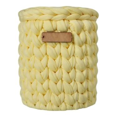 Imagem de Organizador de Mesa Artesanal em Crochê com Base de Madeira - Porta-Lápis Caneta Cachepô Multiuso para Ambientes Organizados (Amarelo BB)