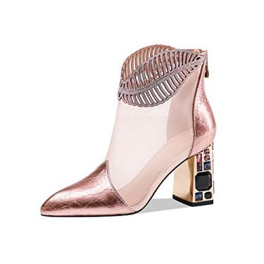 Imagem de TinaCus Bota feminina de couro genuíno/camurça com bico fino de malha feita à mão, salto alto grosso, bota chique no tornozelo com zíper nas costas, Ouro rosa, 9