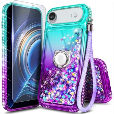 Imagem de Capa NGB projetada para iPhone-Air, Aqua/Roxo | Capa de telefone fofa com glitter líquido brilhante para mulheres e crianças | com protetor de tela de vidro temperado, suporte de anel e cordão de