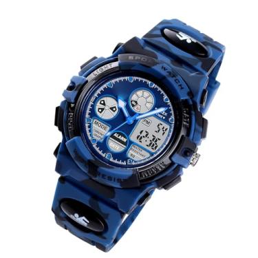 Imagem de ZJchao Relógio de Pulso Digital de Quartzo para Crianças, Meninos, Meninas, Esportes Ao Ar Livre, Alarme, Led, Choque Luminoso, Pulseira Pu, Relógio Infantil (Camuflagem azul escuro)