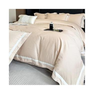 Imagem de Conjunto de capa de edredom luxuoso de algodão egípcio 600TC Queen/King Size macio respirável conjunto de cama jacquard para todas as estações (Caqui, Queen 200 x 230 cm 4 peças)