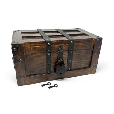 Imagem de Nautical Cove Baú de tesouro retangular de madeira artesanal de luxo – design de tampa plana com detalhes de couro verdadeiro, fechadura de ferro de trabalho e chaves de esqueleto, caixa de