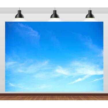 Imagem de CORFOTO Fundo de céu azul de 2,1 x 1,5 m, céu claro, céu azul, nuvens, céu ensolarado, chá de bebê, festa de aniversário, cenário, decoração de vídeo, cabine de fotos