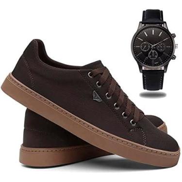 Imagem de Kit Sapatênis Masculino Urbano + Relogio ponteiro - NoBrand, Café, 38