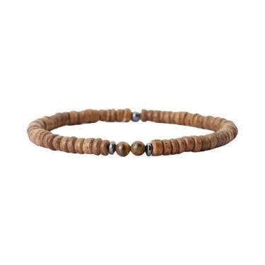 Imagem de Pulseira Masculina De Madeira Com Contas De Coco Natural E Pedra Olho 