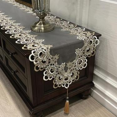 Imagem de Mesa oval de renda 40 x 180 cm, design floral bordado de poliéster com borda de borla, antiderrapante, para mesa de jantar, armário e cômoda para decoração de festa de casamento em casa (40 x 160 cm A