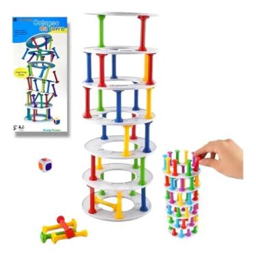 Imagem de Jogo Derruba Torre Infantil com Colunas Coloridas e Dado Equilíbrio Coordenação Motora Multicolorido Desafio