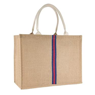 Imagem de Hibala Bolsa de praia grande de tecido de palha feita à mão com borla de ombro, Bege, Large, Listras azuis