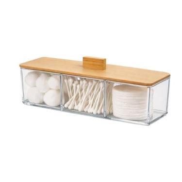 Imagem de Organizador de Acrílico Premium Transparente Tampa de Bambu Retangular c/ 3 divisórias, Resistente, Organizador Multiuso, Porta Cotonete, Porta Algodão, Organizador de Maquiagem, Uso em Geral