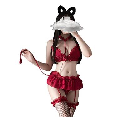 Imagem de Jilneed Lingerie sexy para mulheres, anime, empregada doméstica, cosplay, renda, cinta-liga, conjunto de lingerie Babydoll, Vermelho, M