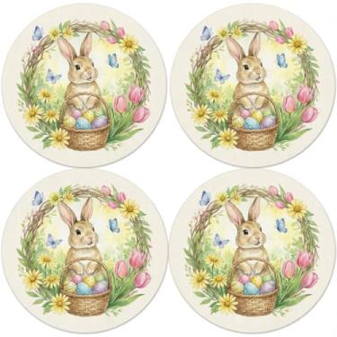 Imagem de Jogo americano de Páscoa, conjunto de 4, jogo americano redondo de 35,5 cm em aquarela coelhinho da Páscoa, tapetes de mesa de primavera para decoração de cozinha, jantar e festa