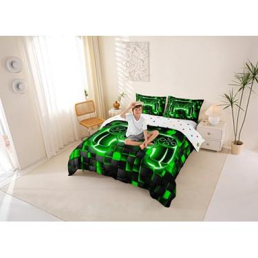 Imagem de Manfei Conjunto de capa de edredom para jogos tamanho casal, gamepad luzes neon, grade pixel, jogo quadrado, patchwork, decoração de quarto abstrato, capa de colcha verde preta, 2 fronhas (sem edredom