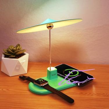 Imagem de BUDI Candeeiro de mesa multifuncional com carregador sem fio, estação de carregamento 3 em 1, luminária de mesa tocável para mesa de cabeceira para quarto, sala de estar, casa (azul)