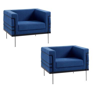 Imagem de Kit 2 Poltronas Decorativas Base de Aço Preto Jeanneret-Gris Linho Azul Marinho - Gran Belo
