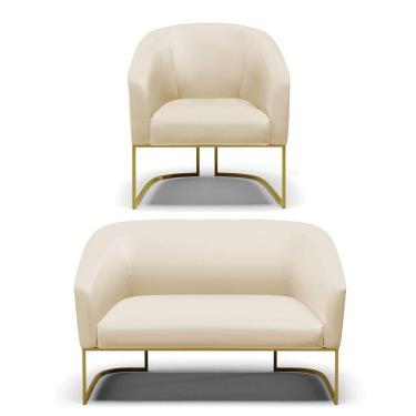 Imagem de Sofá Namoradeira E Poltrona Base Industrial Dourado Stella Corino Bege D03 - D'rossi