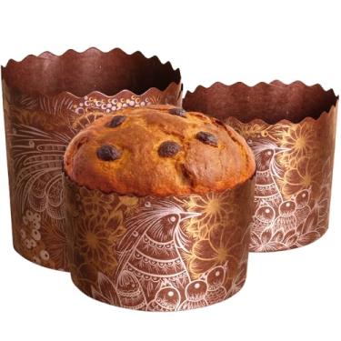 Imagem de Molde de papel para pão de páscoa de 425 g | Pacote com 12 | Molde Kulich Formas de pão de Páscoa - Molde de papel panetone Molde de papel Kulich grande - Design marrom pássaro dourado