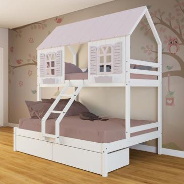 Imagem de Beliche Casal- Solteiro Casinha Bela 02 Gavetas - Madeira Maciça Branco-rosa Megamobilia