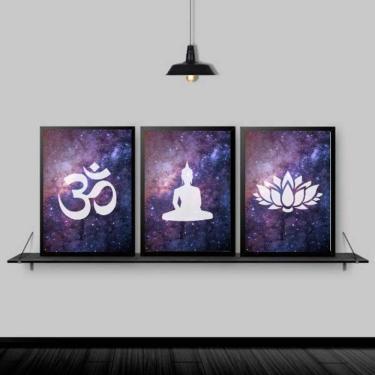 Imagem de Kit 3 Quadros Decorativo Zen Buda Universo 45X34 Vidro Preta