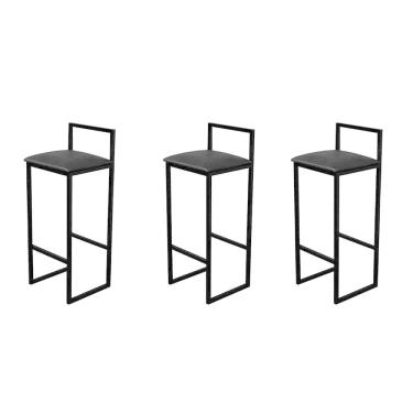 Imagem de Kit 3 Banquetas Luna Alta Industrial para Bar Cozinha Bistrô Bancada Assento Corino - Preto