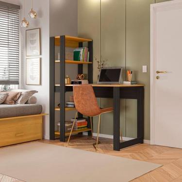 Imagem de Mesa Escrivaninha com Estante e Licce 4 Prateleiras 120cm Freijó E Pre