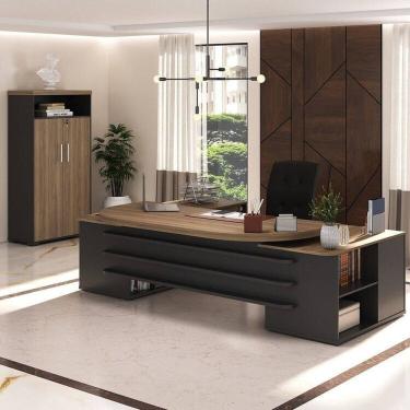 Imagem de Mesa Escritório com 4 Gavetas Armário para Escritório 2 Portas com Nicho Presidente Nogal/Preto