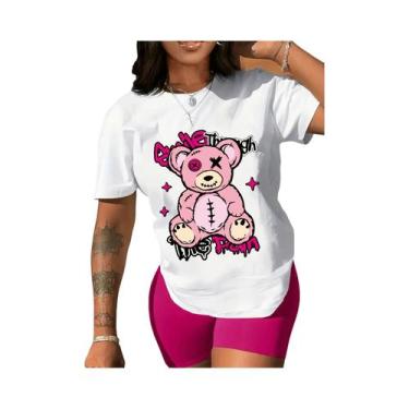 Imagem de Camiseta Feminina Com Estampa De Urso, Gola Redonda, Casual, Manga Cur
