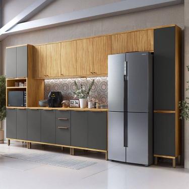 Imagem de Armário de Cozinha Modulada com Balcão e Tampo 16 Portas 3 Gavetas Nice Plus 100% Mdf Amêndoa/Cinza - Pnr Móveis