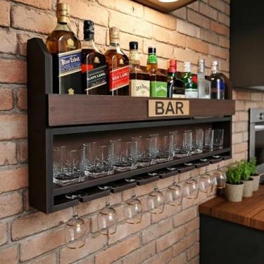Imagem de Bar Barzinho Adega Aparador Suspenso Porta Taças Vinhos Bebidas Madeira Grande MDF Decoração Churrasco Rustico 100x45cm Tabaco Fosco