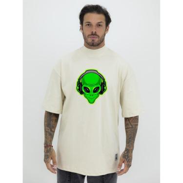 Imagem de Camiseta Camisa Oversized Gola Alta Estampa ET Green Streetwear Algodão Premium Creme-Masculino