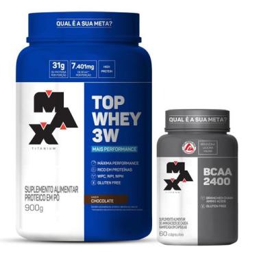 Imagem de Kit Top Whey 3W - 900g Chocolate + BCAA 2400 - 60 Cáps - Max Titanium
