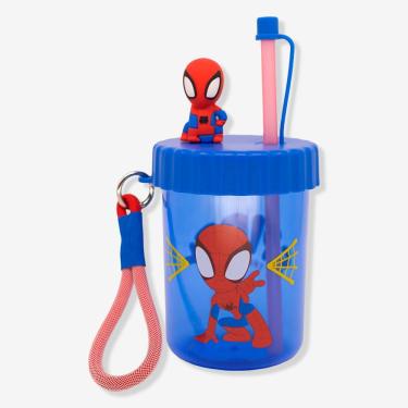 Imagem de Copo Infantil com Canudo Copo Canudo Flip Infantil Homem Aranha com Capacidade 500ML e Design Ergonômico com Alça Azul