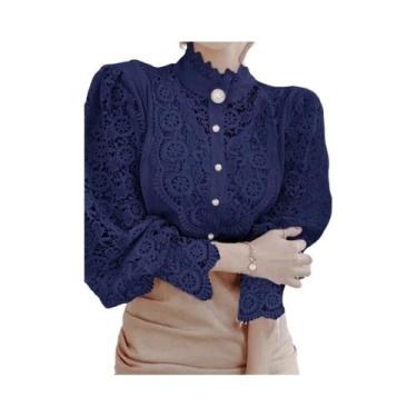 Imagem de Camisa Elegante Feminina De Renda Com Gola Alta E Manga Em Pétala, Blu