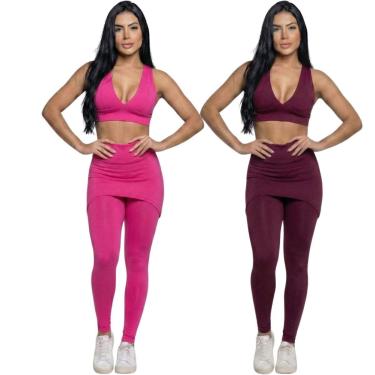 Imagem de KIT 2 Conjunto Top Bojo e Calça Saia Bella Fiore Tapa Bumbum Roupa Para Academia Fitnes...