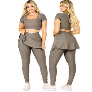 Imagem de Conjunto Fitness Calça Legging Saia Com Bolso E Top Cropped Academia Moda Evangélica Th...