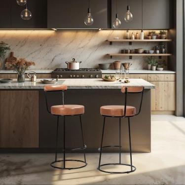 Imagem de Banqueta Alta Cozinha 70cm Encosto Industrial Aço Kit 2 Ziria Pu S02 -