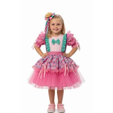 Imagem de Vestido Junino Bambolê Floral Com Tule Laços Rosa