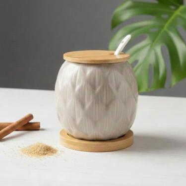Imagem de Açucareiro de Cerâmica 350ml com Tampa de Bambu e Colher  Ideal para C
