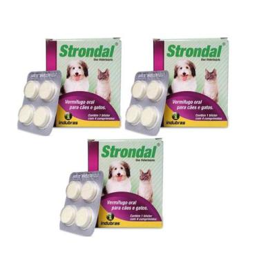 Imagem de Kit 3x Strondal 4 comprimidos Indubras - Vermífugo P/ Cães e Gatos