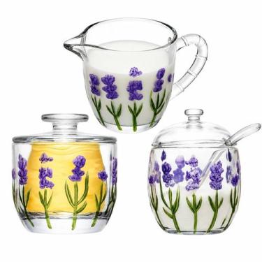 Imagem de Kit Manteigueira Açucareiro Leiteira Lavanda Hand Painting Cristal Con