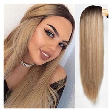 Imagem de Perucas femininas longas e lisas, peruca sintética azul claro para mulheres, peruca mista preta e loira, parte média, cabelo natural, perucas de cabelo humano (cor: 3, comprimento esticado: 66 cm)
