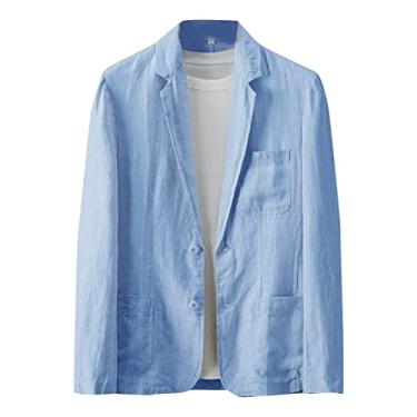 Imagem de Dawwoti Blazer masculino de linho, casual, slim, leve, sob medida, jaqueta esportiva, terno para homens, Azul, XG